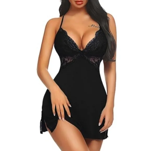 Nightie Lingerie Lace Chemise Sleepwear Babydoll Teddy Nighty Dull Black - Picture 6 of 7